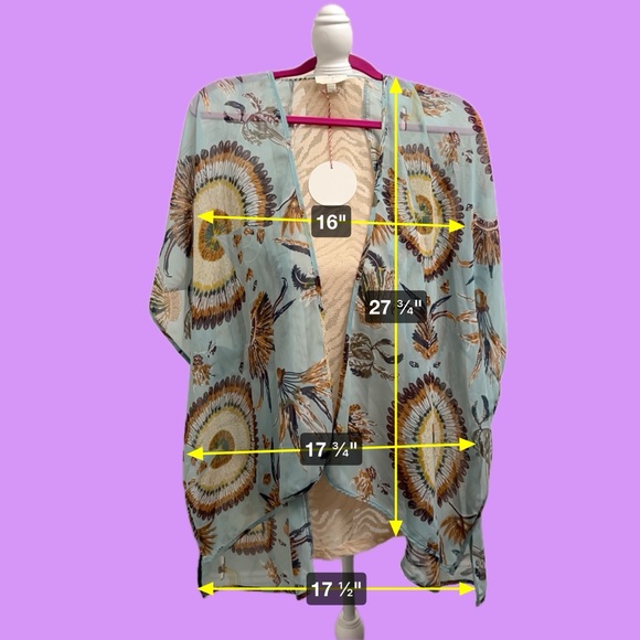 New Umgee Teal Tribal Feather Print Open Kimono Cover-Up S/M Chic & Breezy! NWT - Picture 3 of 16